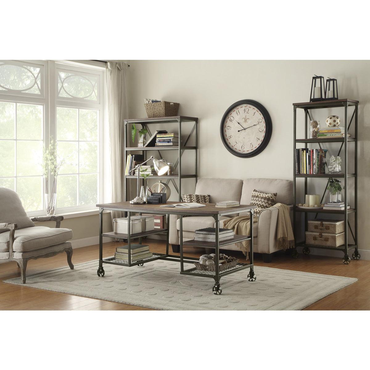 Millwood bookcase showing decorative metal casters and metal frame