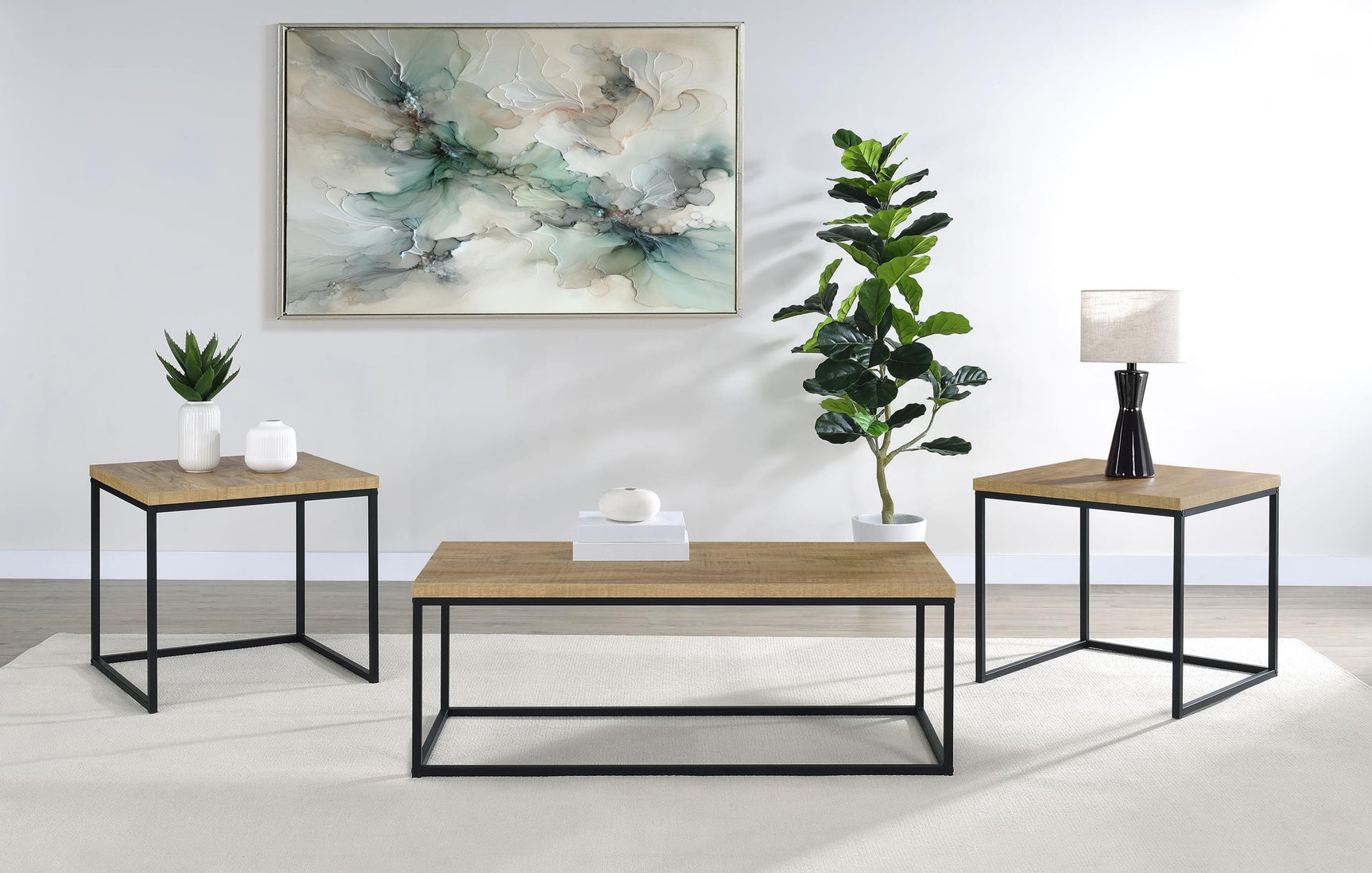Straden end table with square mango wood-look top and black metal frame