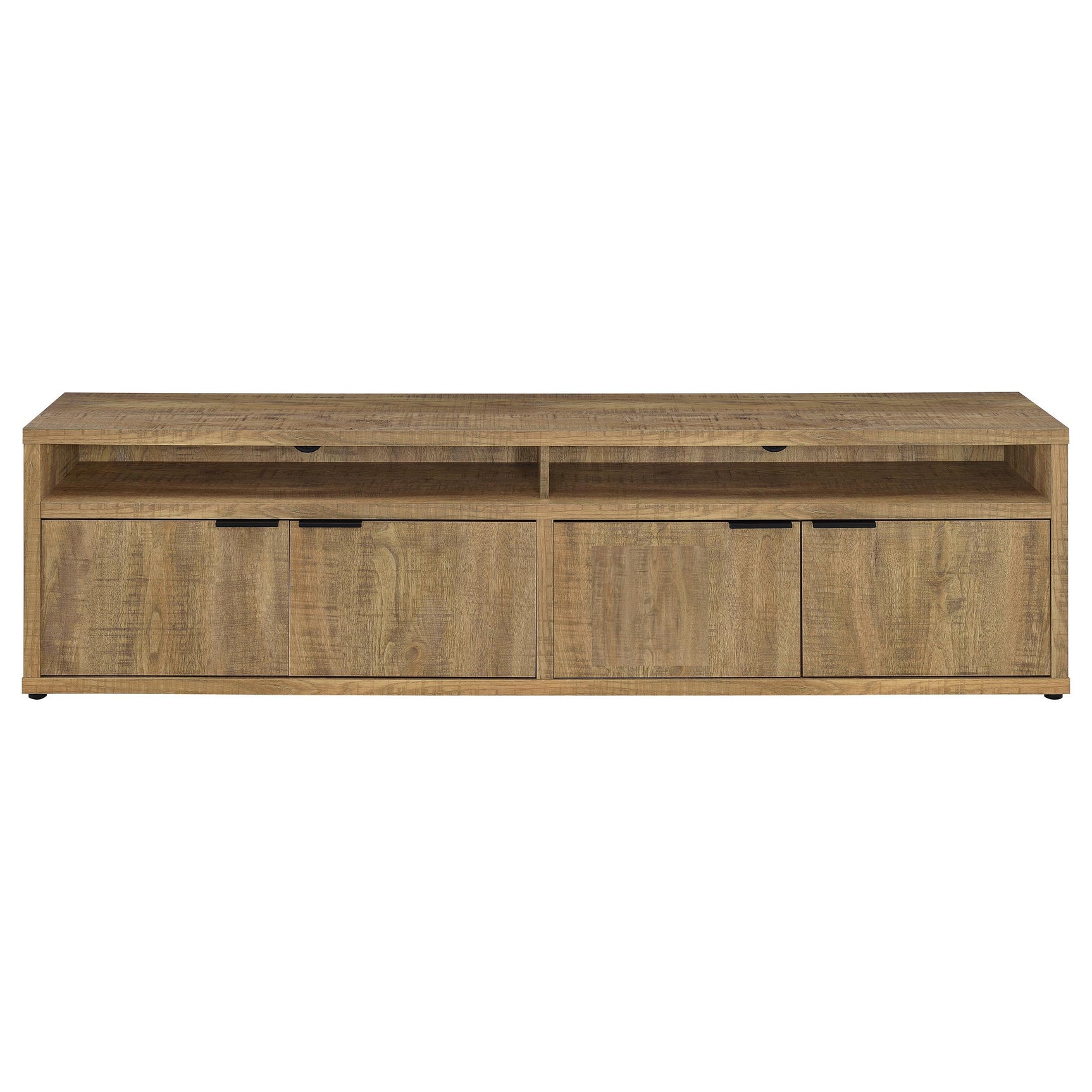 Open media bays with center divider on Sentnor TV stand