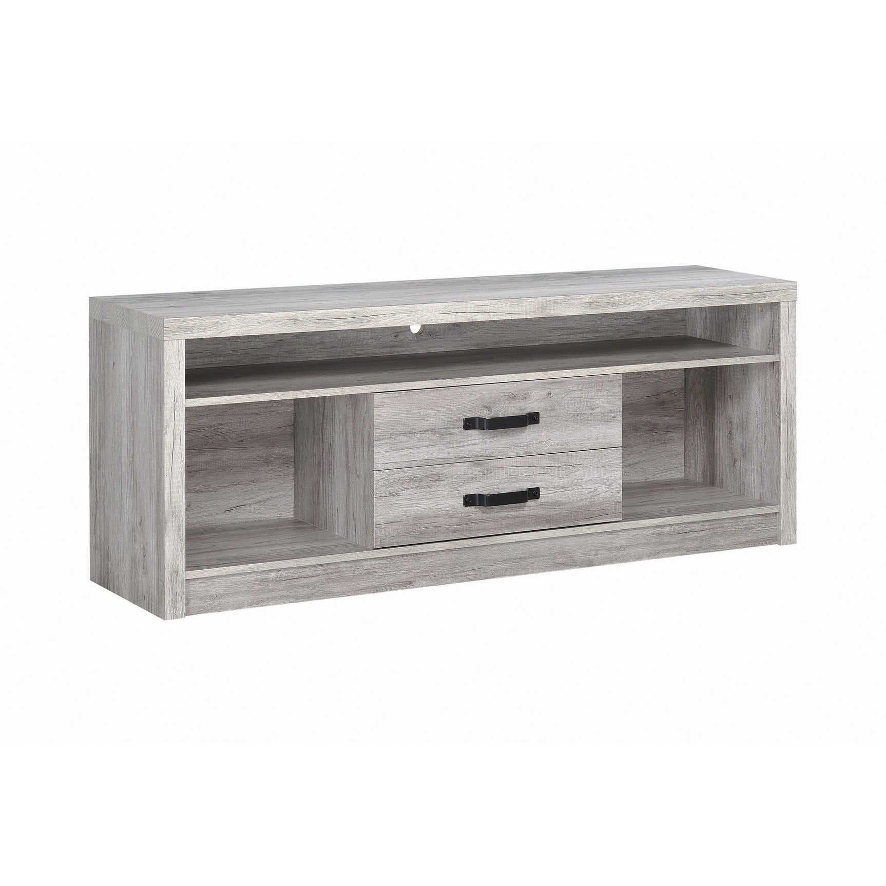 Side angle of Burke TV Console showing open shelves and drawers