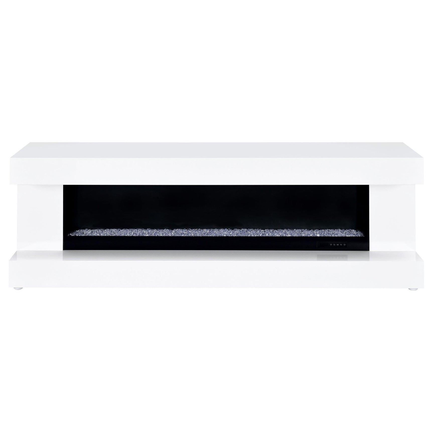 Side view showing sleek white high gloss finish and low plinth base