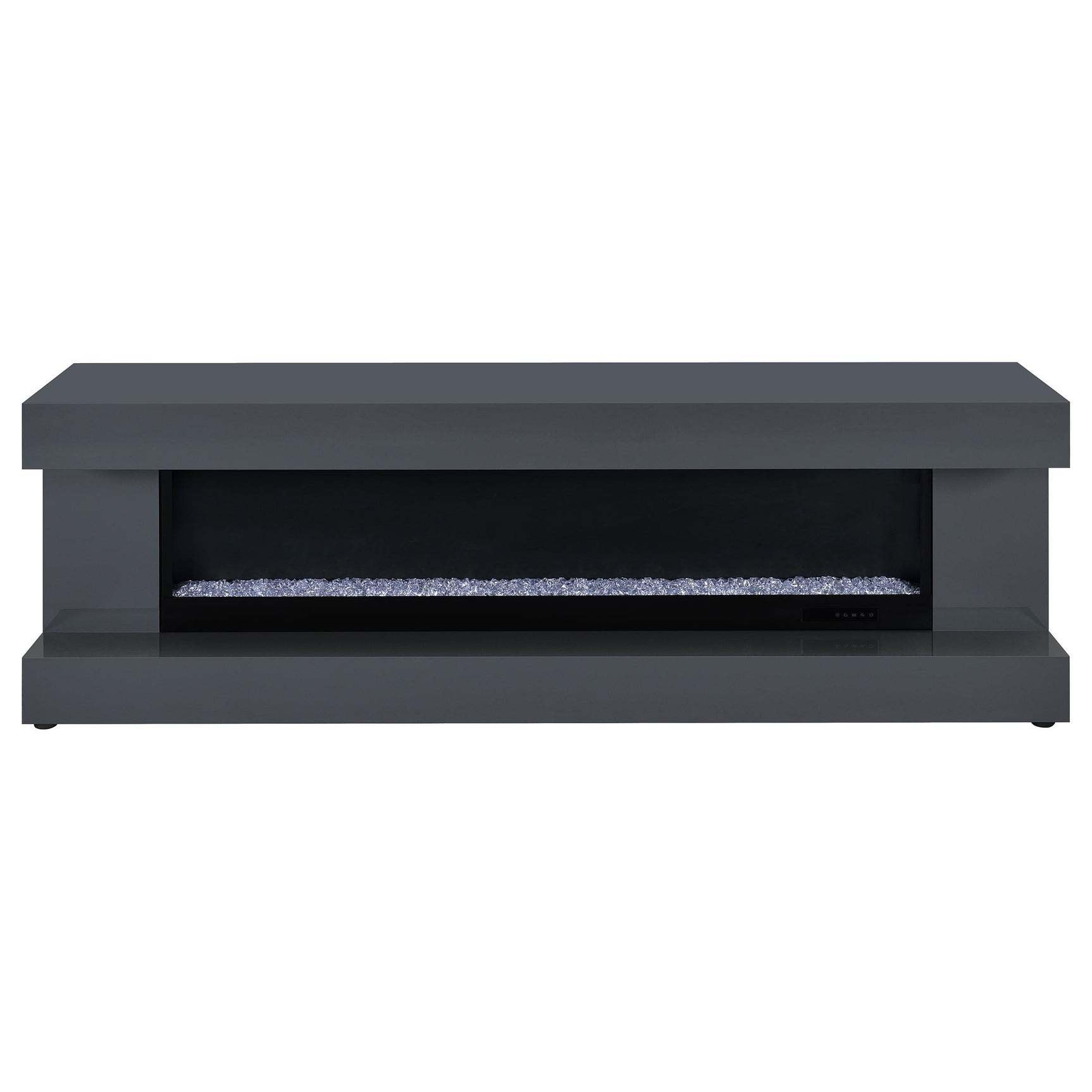Close-up of crystal ember bed and tempered glass firebox