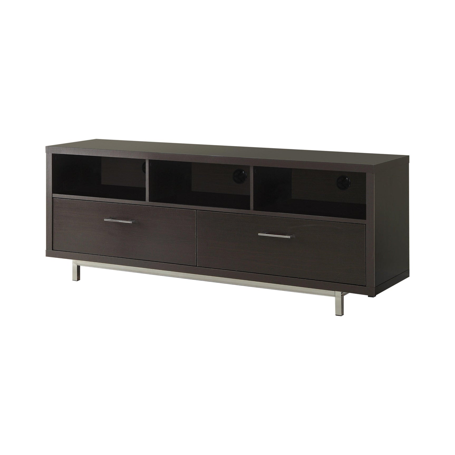 Casey TV Console closeup of chrome legs and drawer hardware