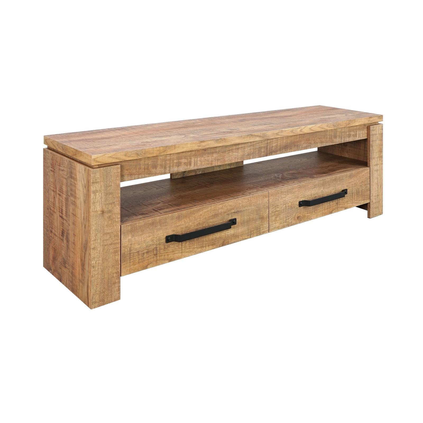 Elkton mango wood TV stand front view showing 2 drawers and open shelf