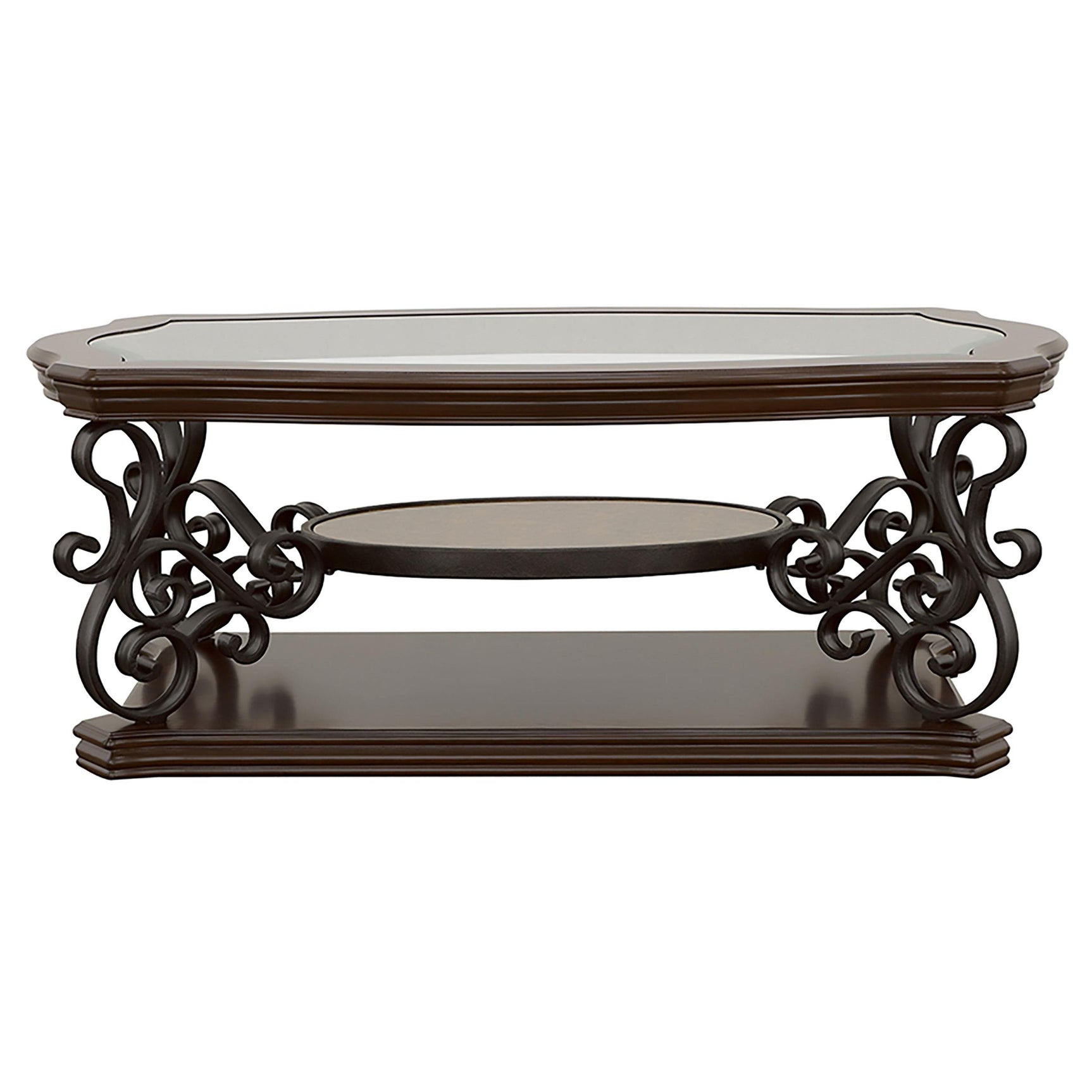 Scrollwork detail on metal legs of Laney table set