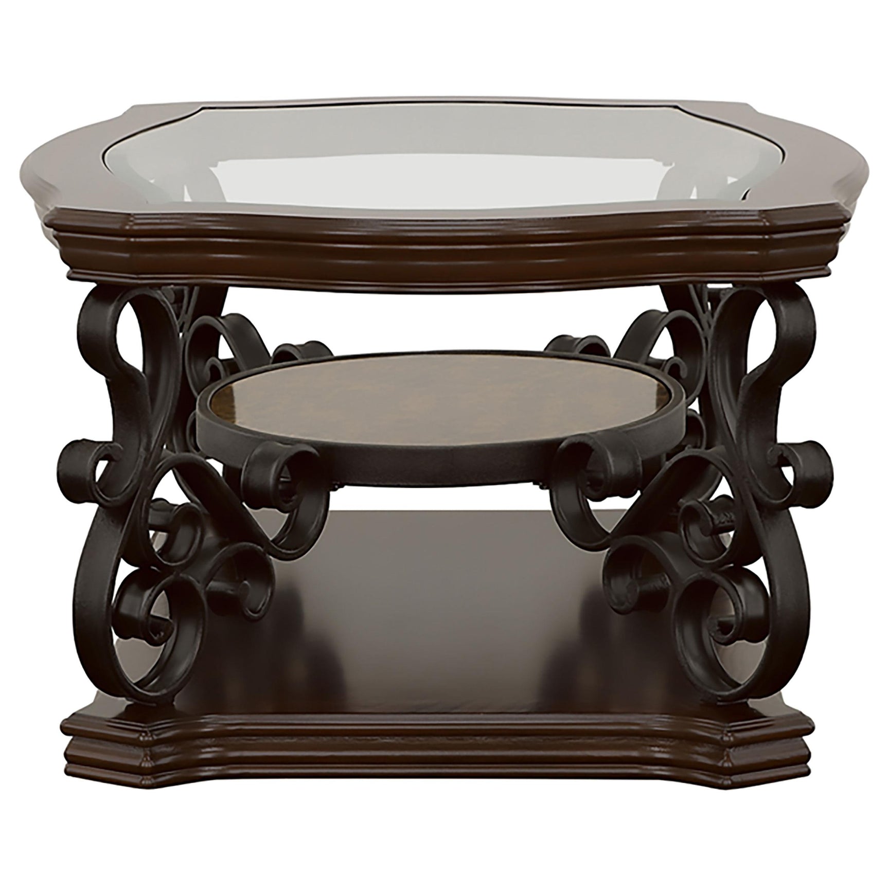 Tempered glass top showcasing metal frame design