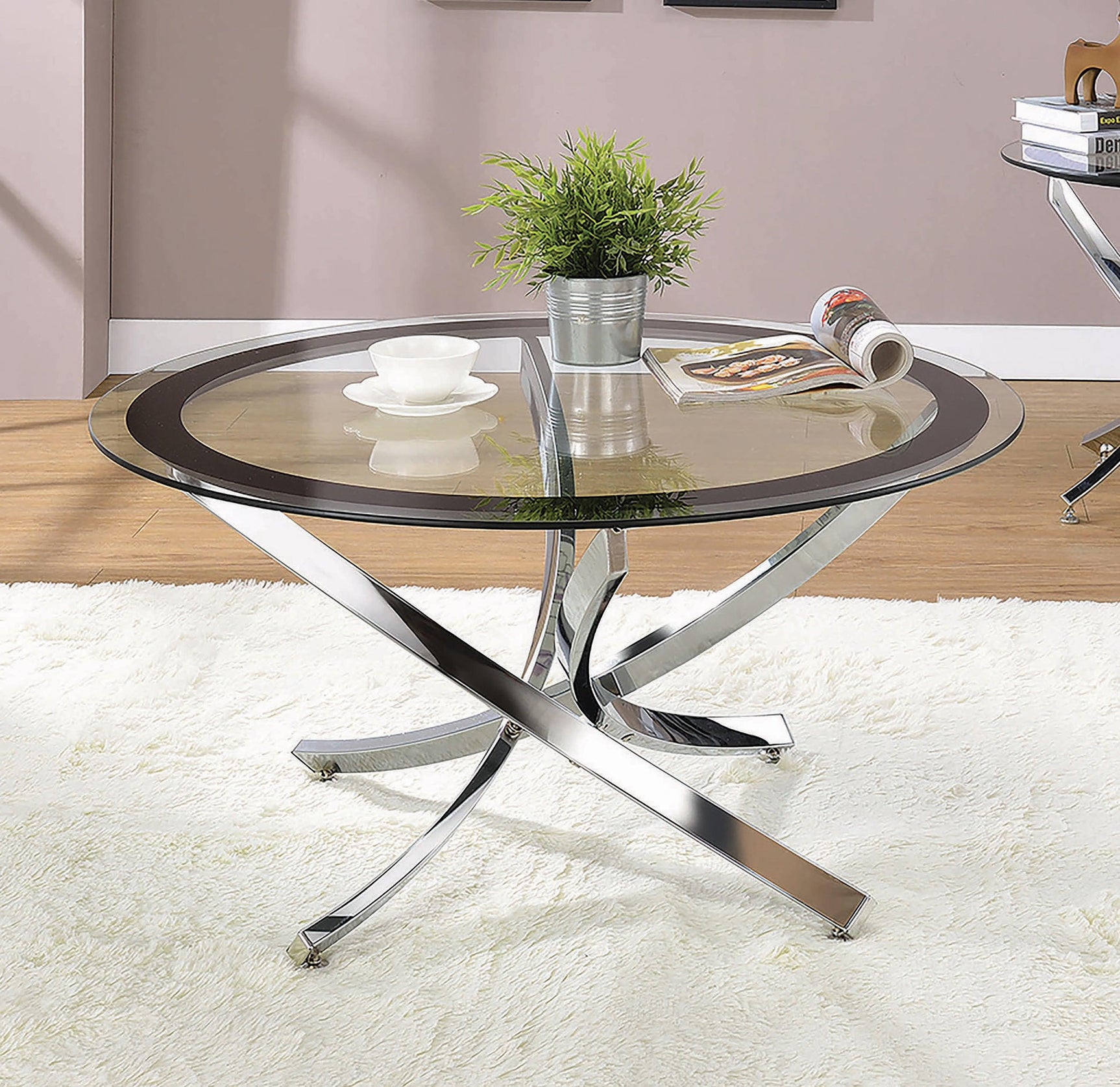 Side view of Brooke Glass Top Coffee Table highlighting chrome metal base and glass top