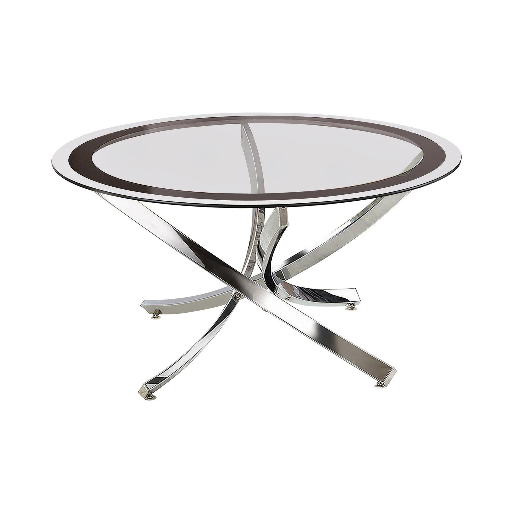 Angled front view of Brooke Glass Top Coffee Table with chrome frame and black tempered glass top