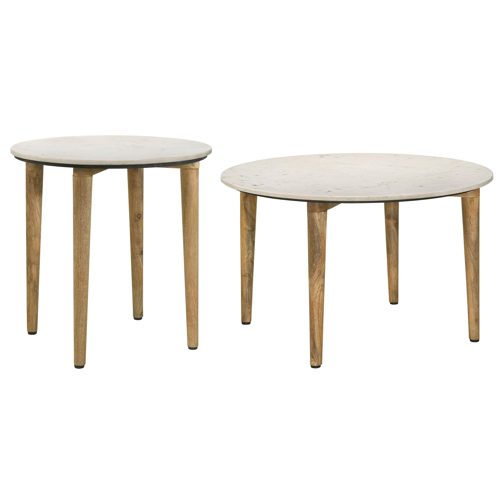 Aldis end table with white marble top and natural mango wood legs, angled side view
