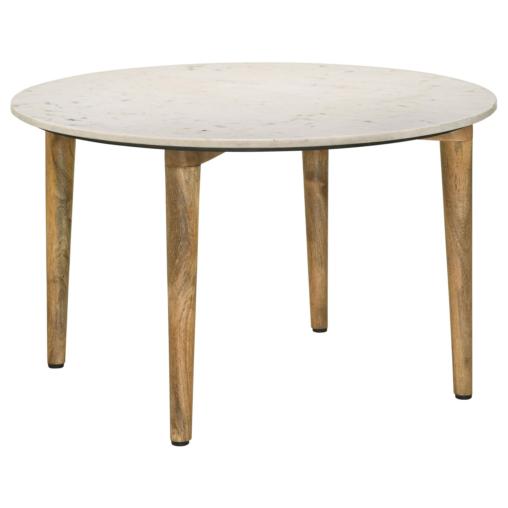 Close front view of coffee table showing round shape
