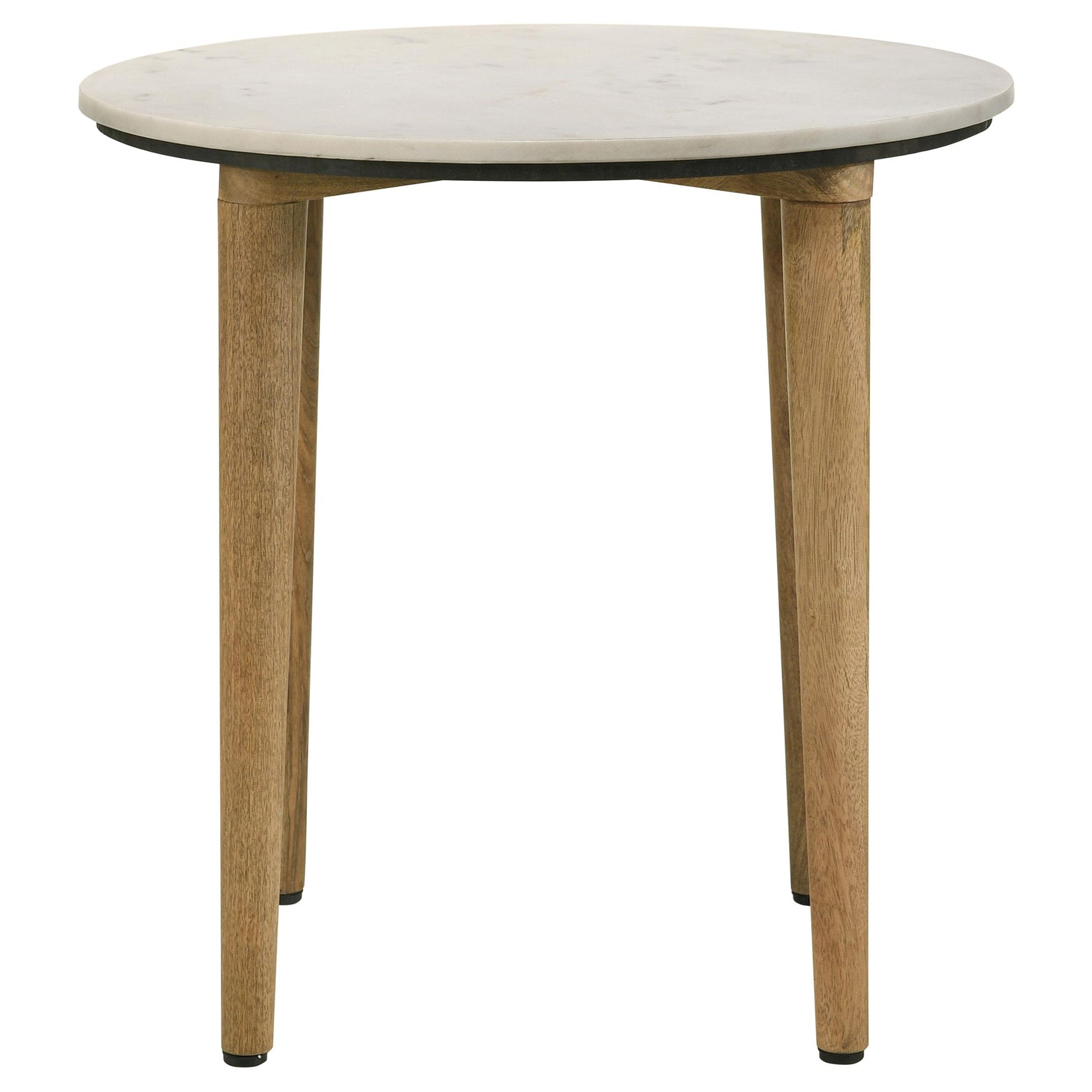 Side view of end table highlighting round marble surface