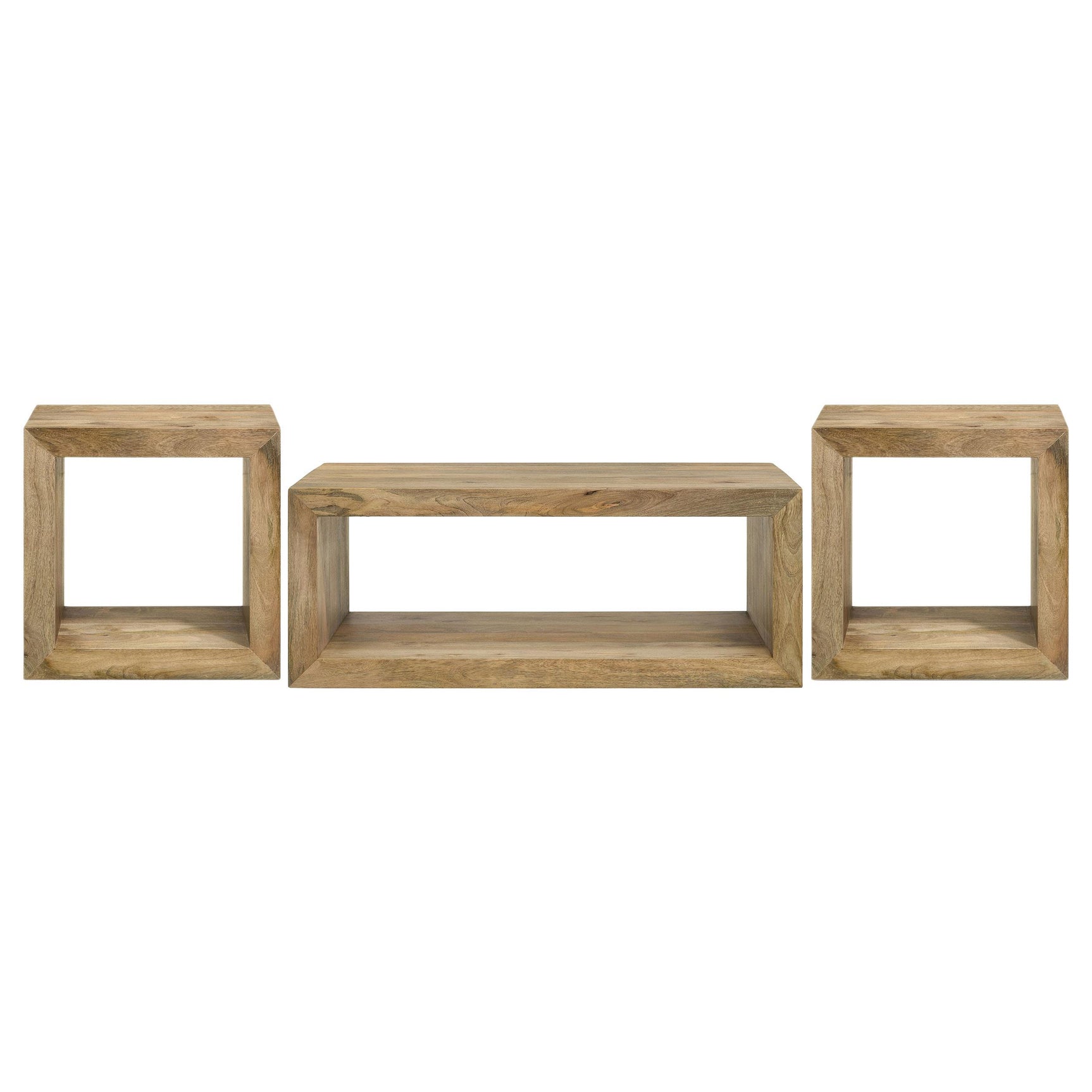Benton end table side view showing lower shelf and natural finish
