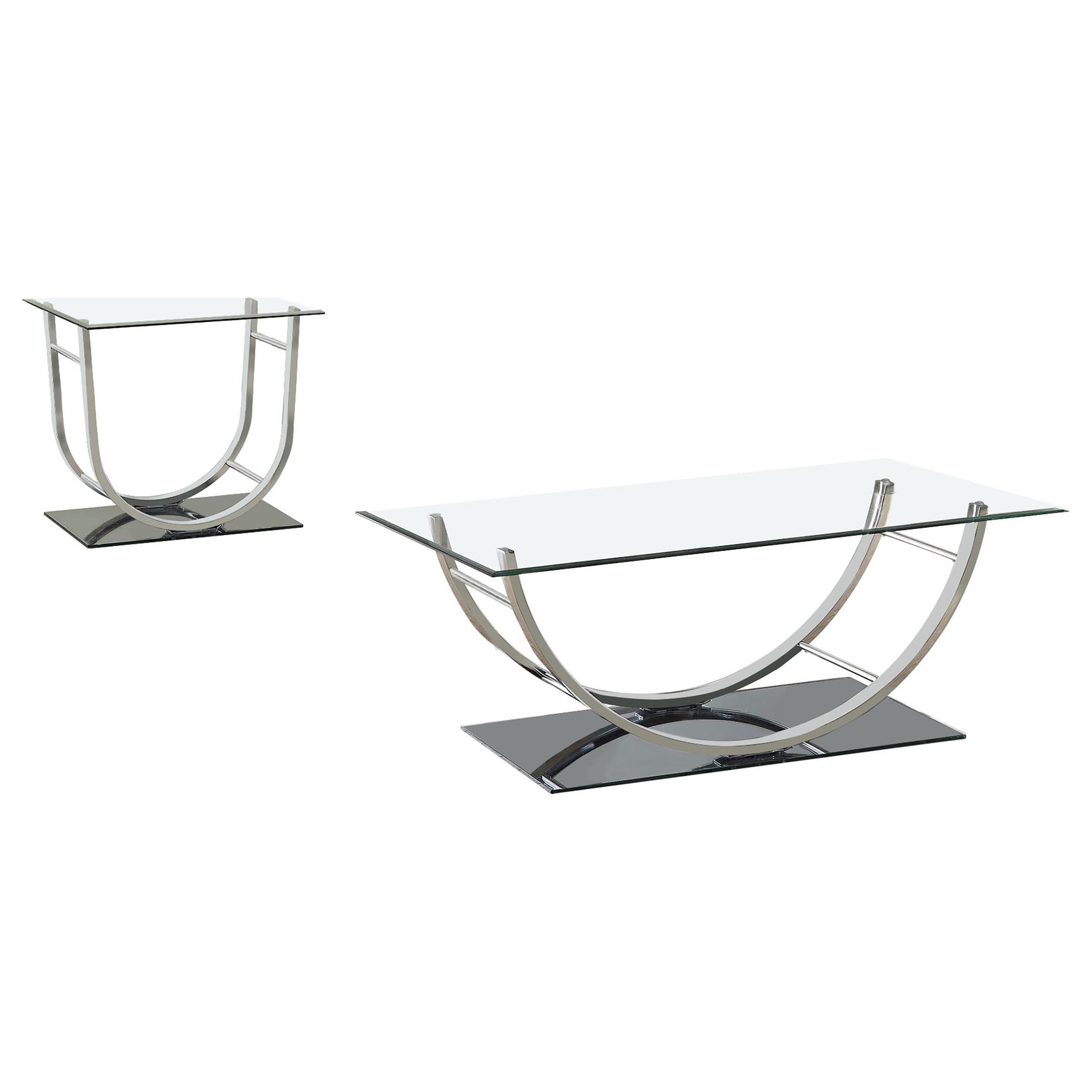 Danville end table with glass top and chrome metal base, side view