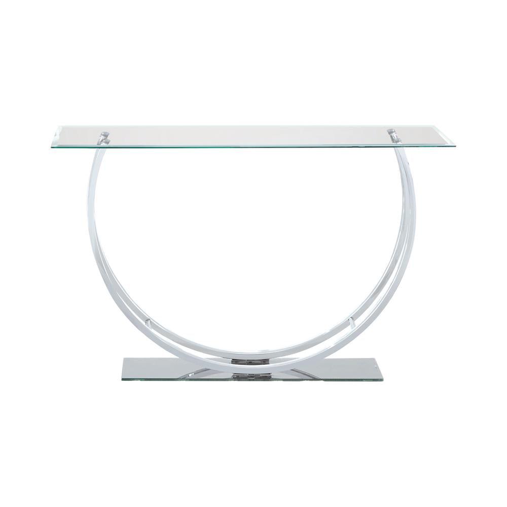 Side view of Danville Chrome and Glass Sofa Table showcasing U-shaped legs