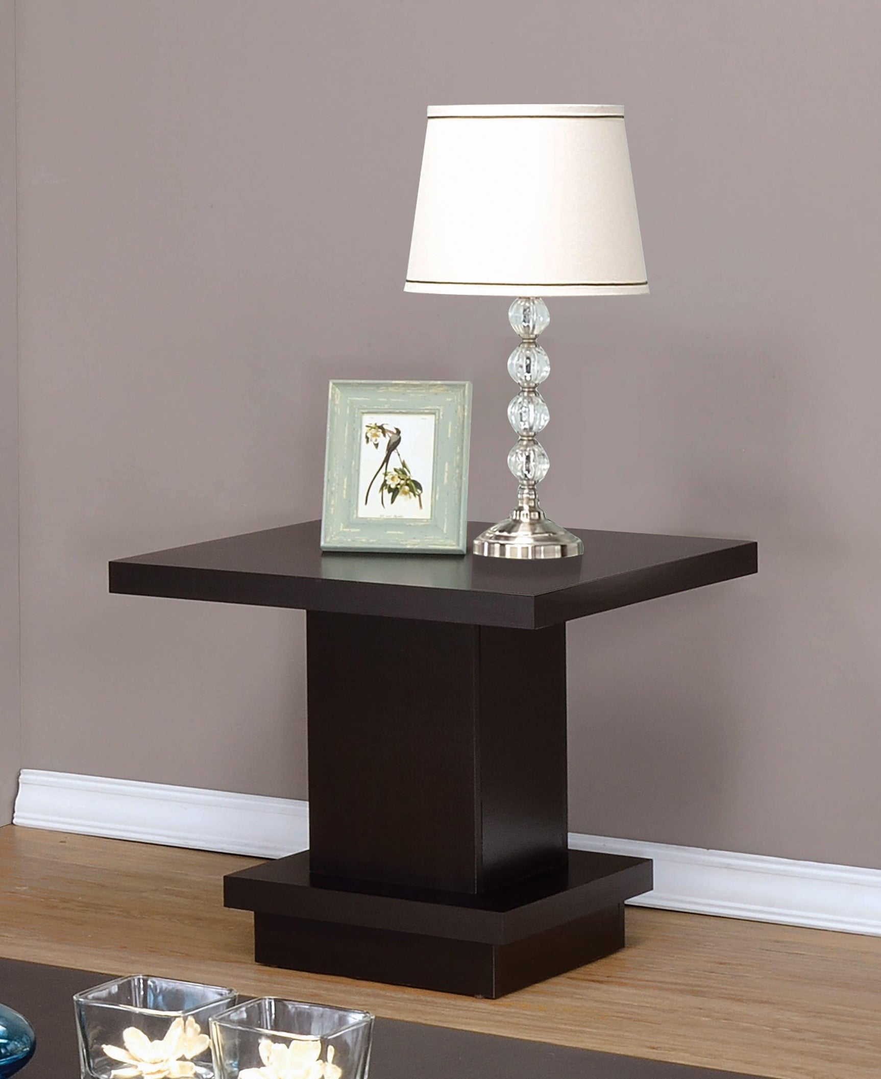 Reston Pedestal Square End Table cappuccino finish side view