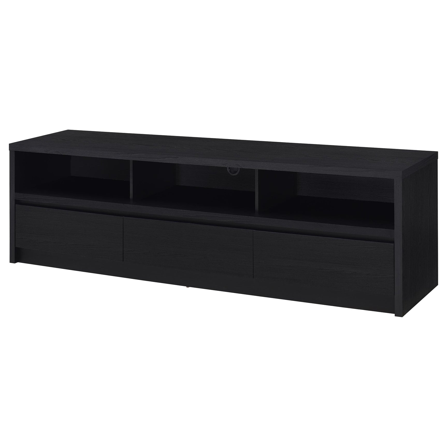 Open shelving area on Rutland TV stand showing electronic storage