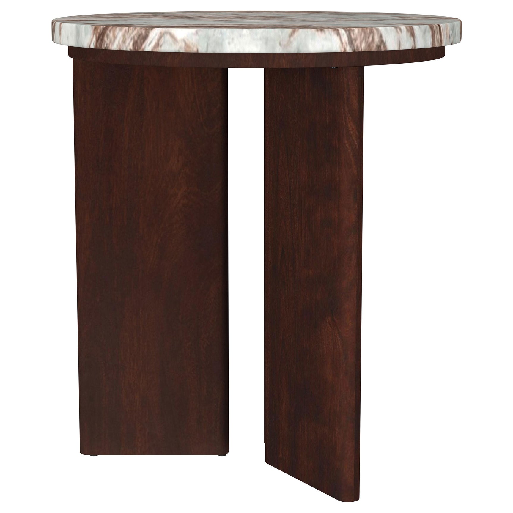 Side angle showing mango wood angular legs and levelers