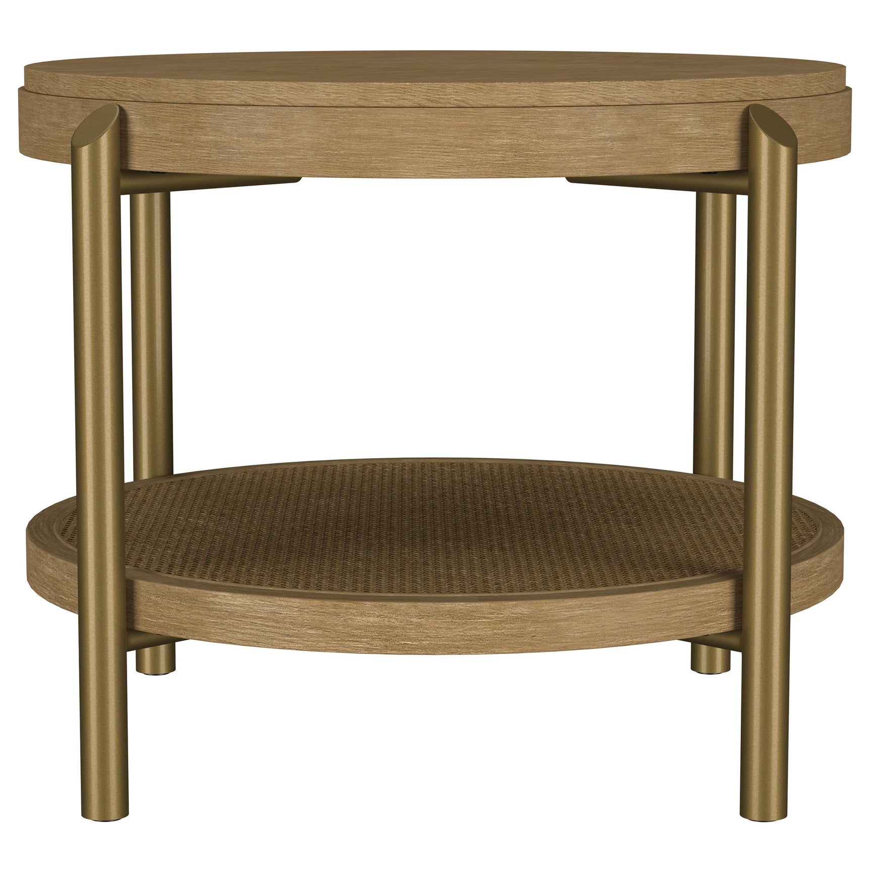 Close-up of sand wash finish wood grain and rattan shelf on Arini Table