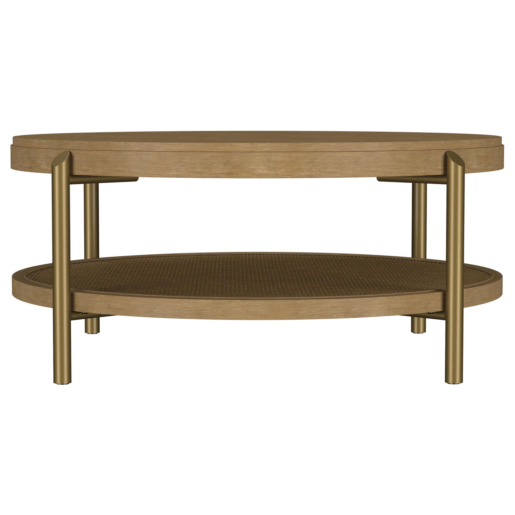 Side view of coffee table with rattan shelf