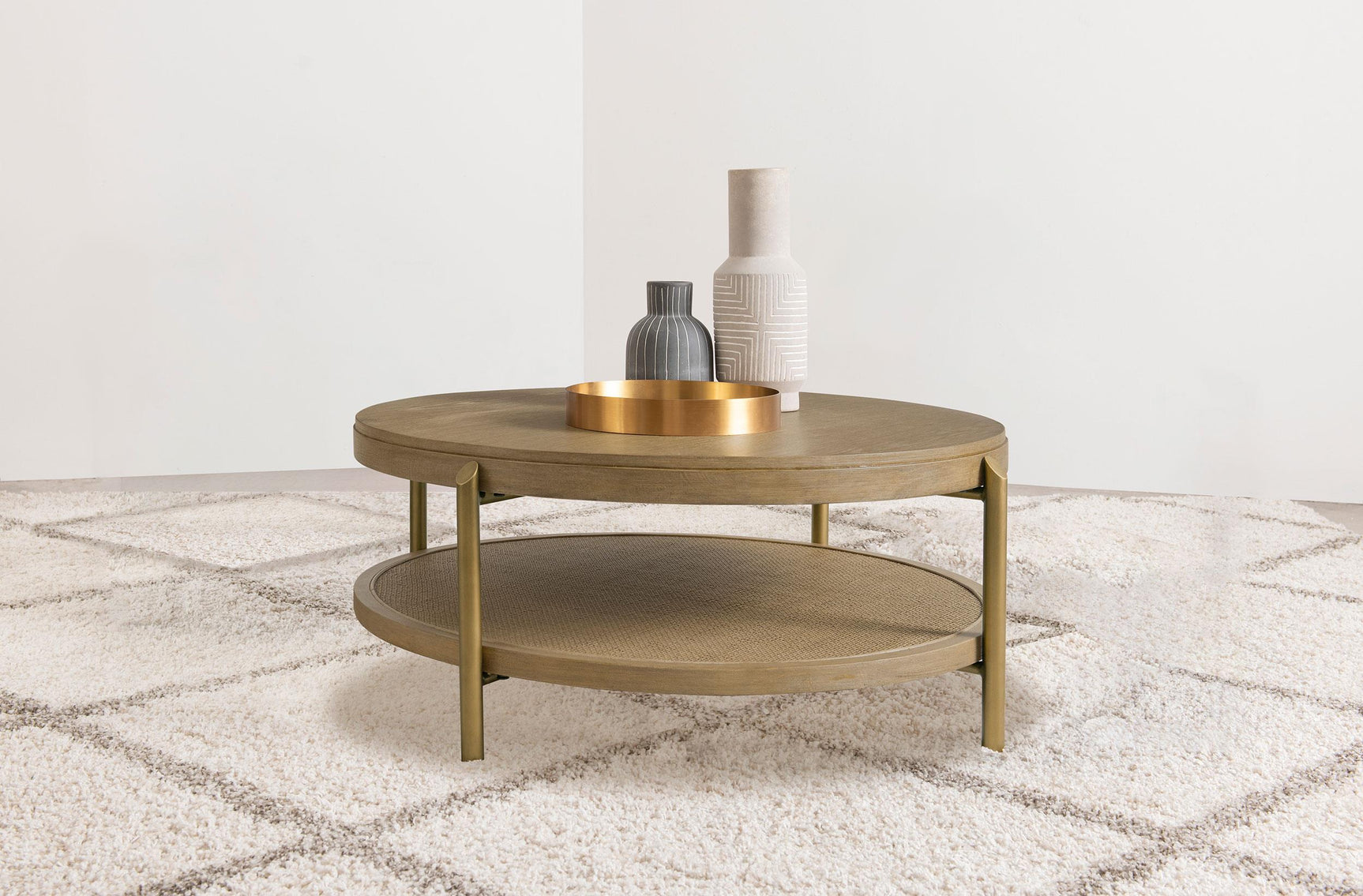 Close-up of rattan woven storage shelf under the round coffee table