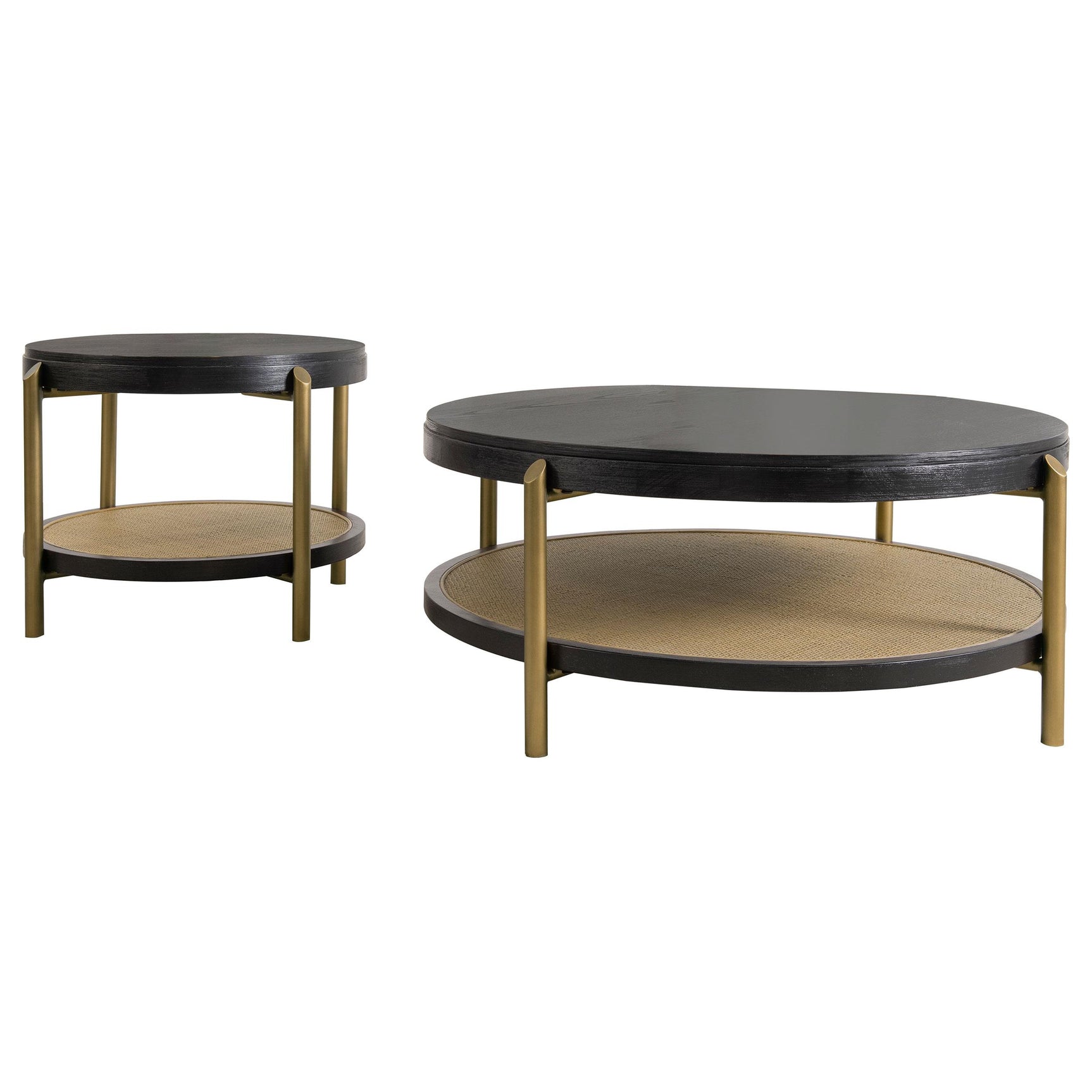 Arini round end table with black finish and aged brass-finished metal legs, side angle