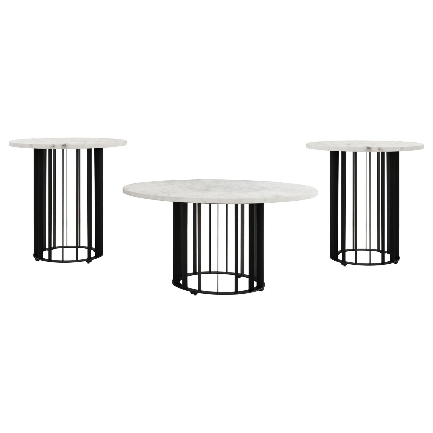 Close-up of the round marble coffee table top and black iron base
