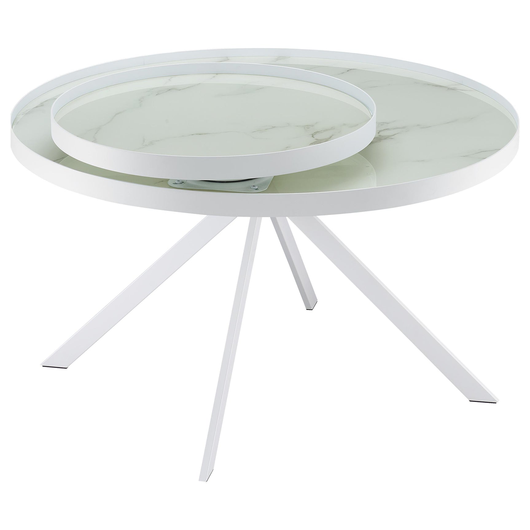 Briggs round coffee table with white metal frame and marble printed glass top