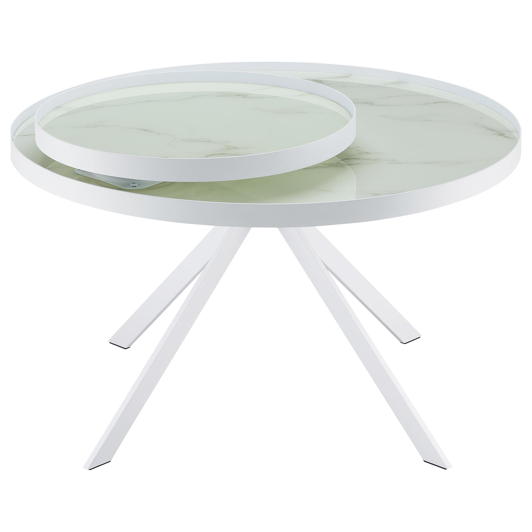 Briggs round coffee table with white metal frame and marble printed glass top
