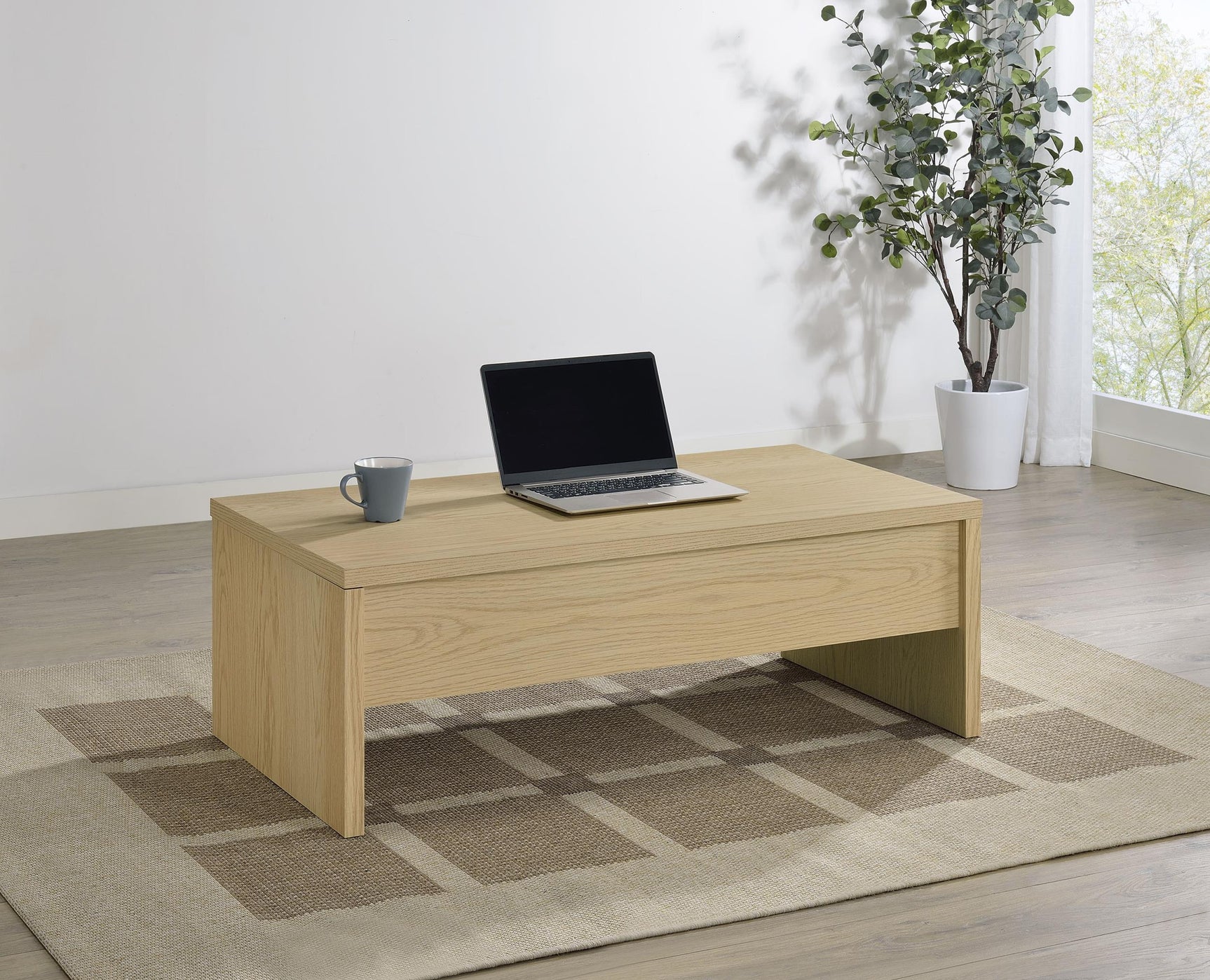 Side view of Canoga lift top coffee table in light oak