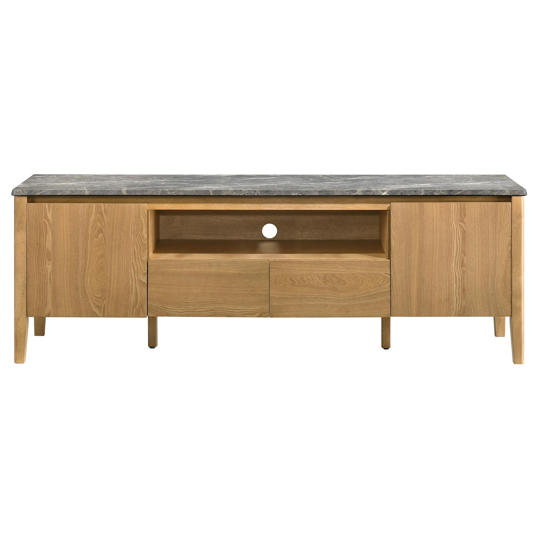 Side angle of Bradley 63-inch 2-Door SmartTop TV Stand showing storage compartments
