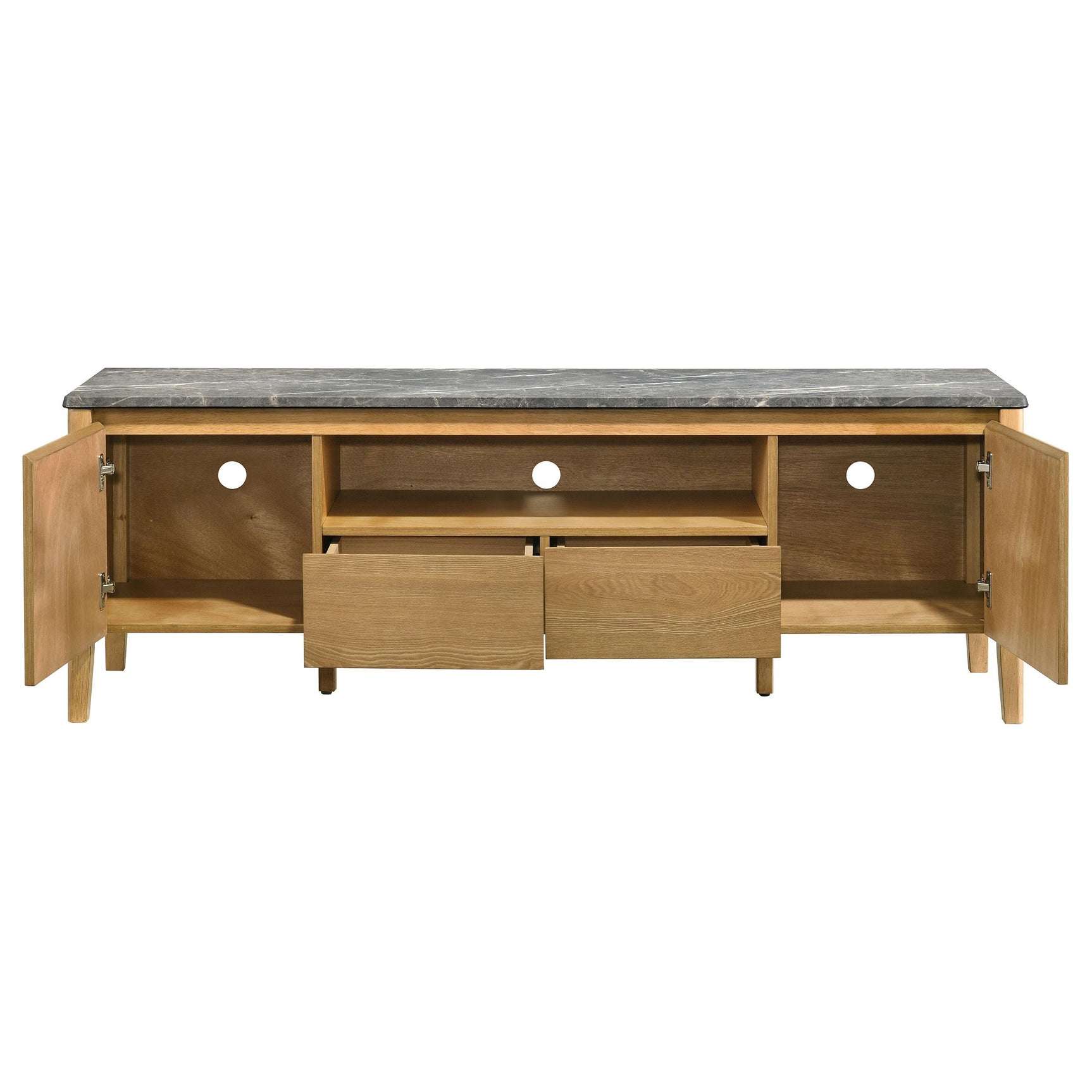 Close-up of cabinet doors and drawers on Bradley TV stand