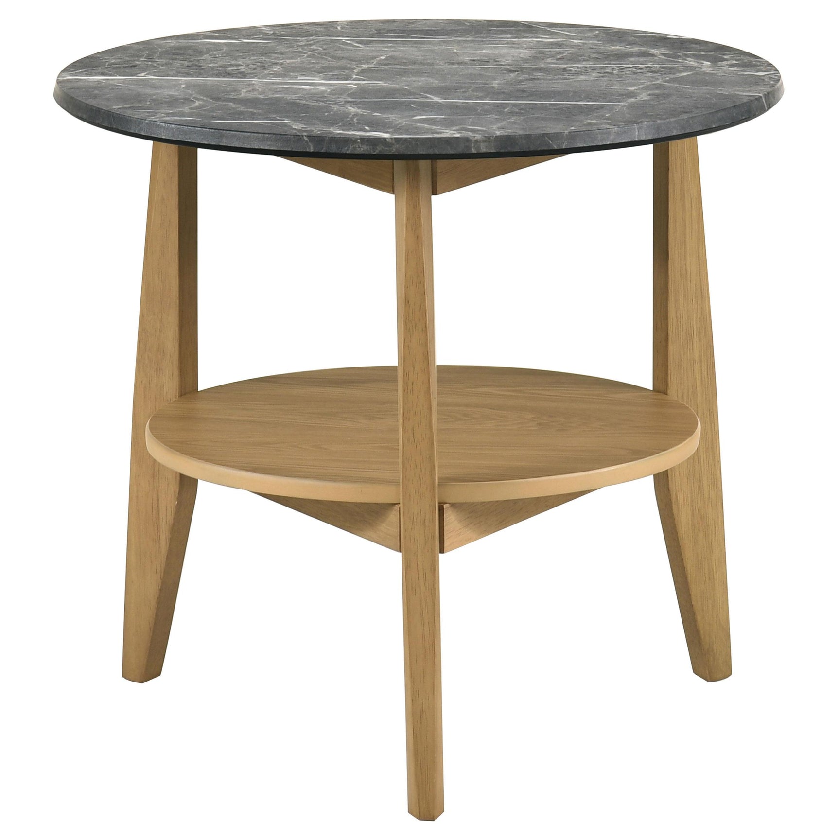 Side view of Bradley Round SmartTop End Side Table highlighting open lower shelf