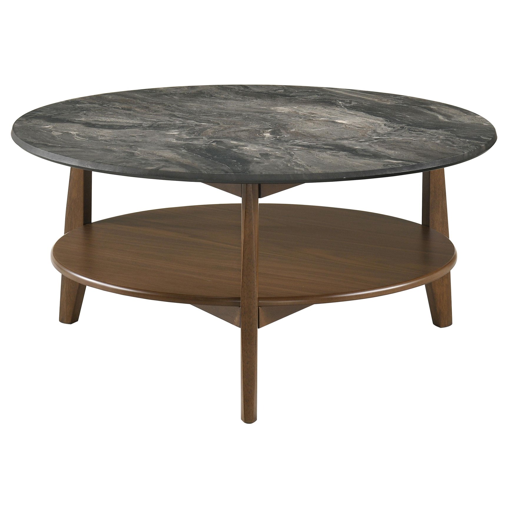 Side angle of Bradley round coffee table showing open lower shelf and roundover bevel edge