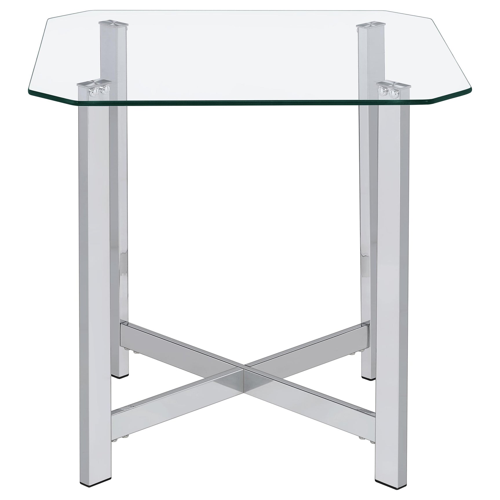 Cross braces supporting chrome frame base of coffee table