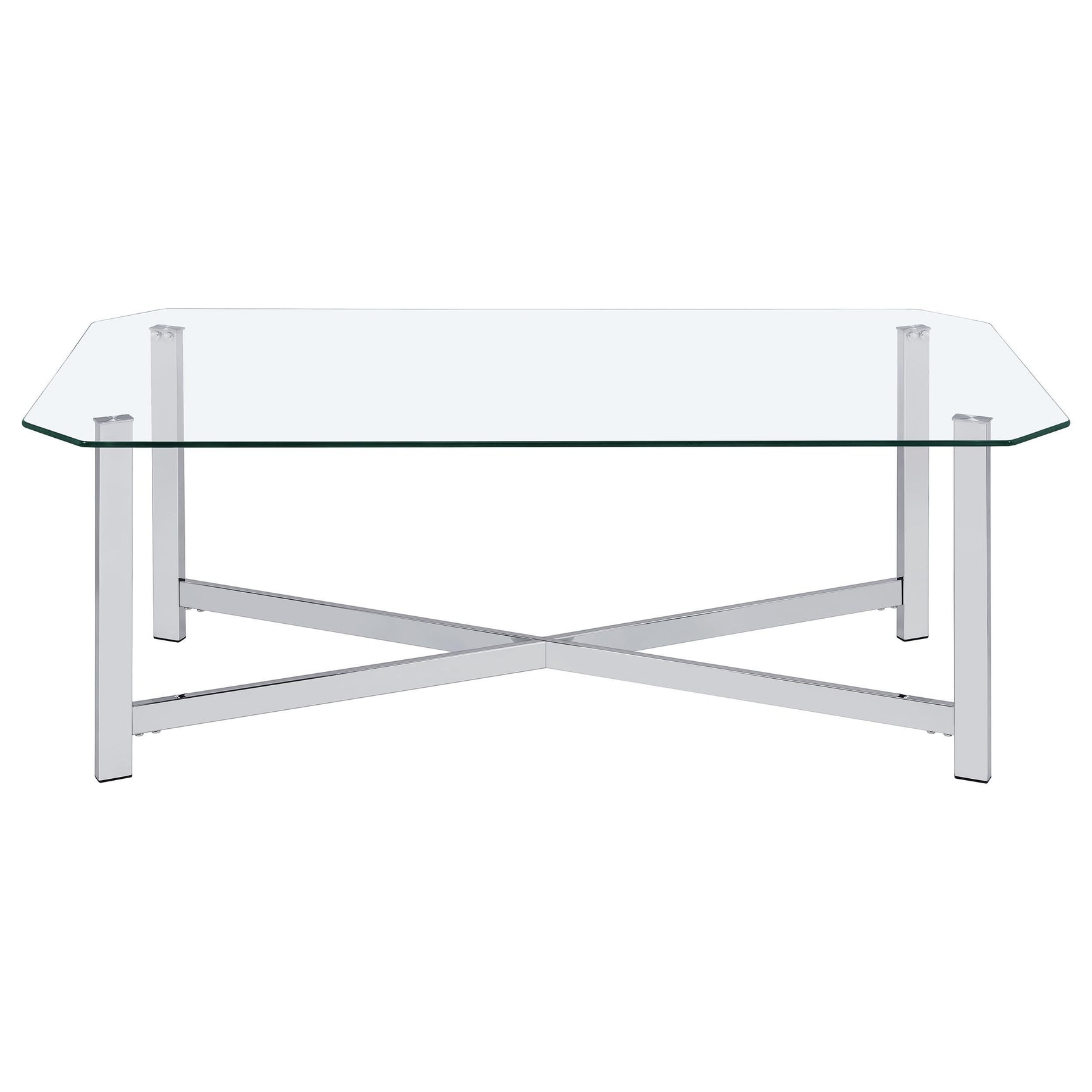 Close-up of chrome cross bracing on Cronin coffee table