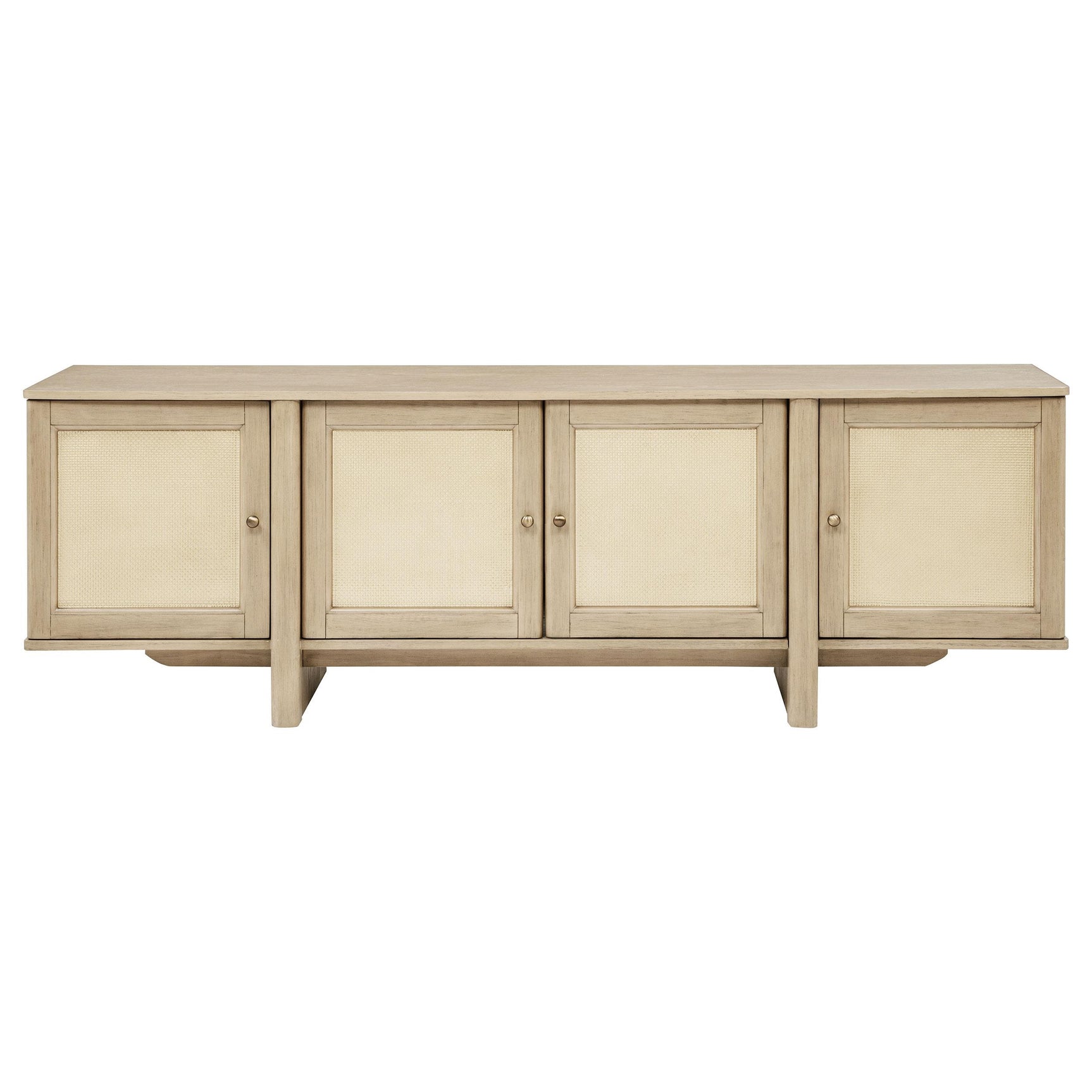 Close-up of woven cane door panel on Kailani 79-inch TV stand