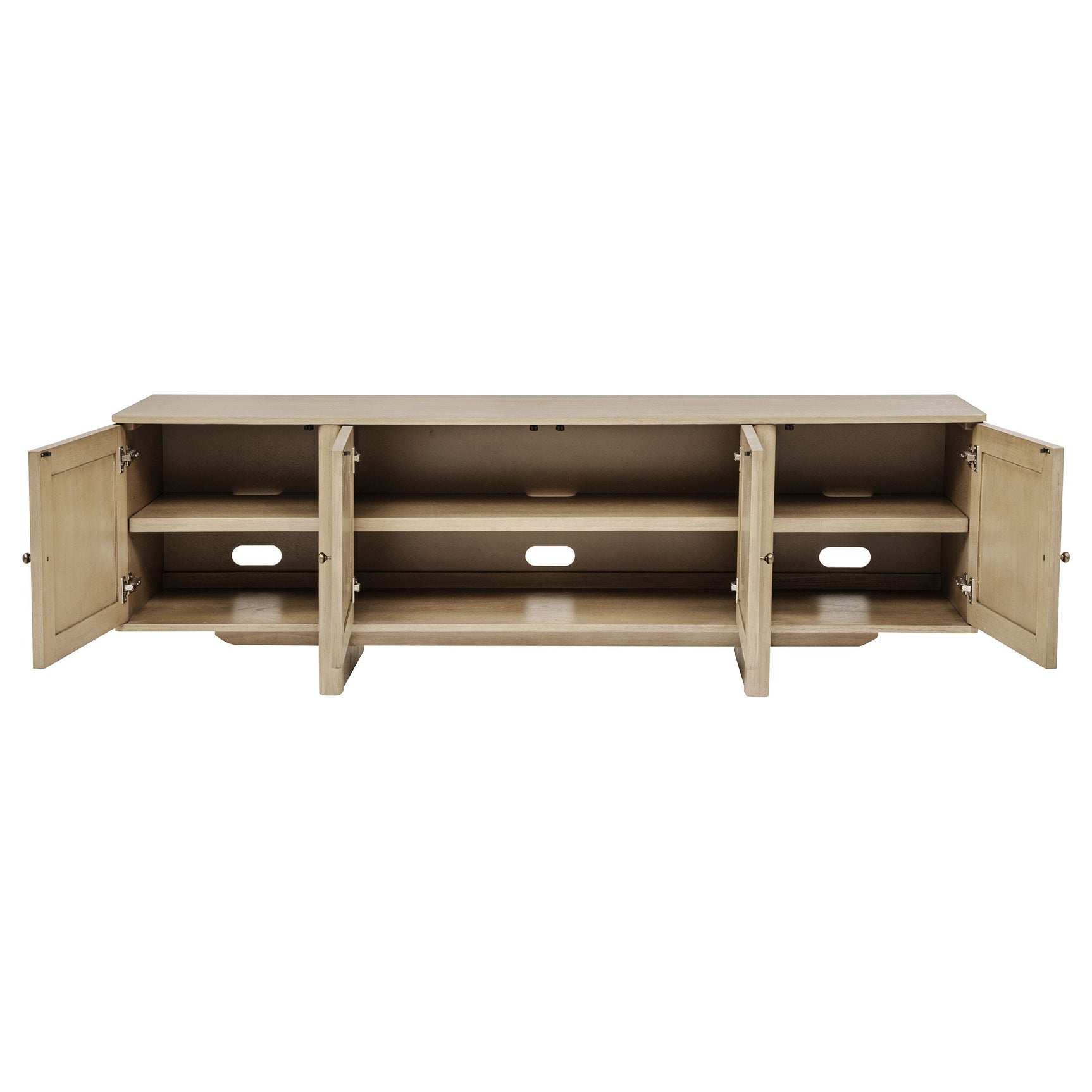 Open doors revealing adjustable shelves inside Kailani TV stand