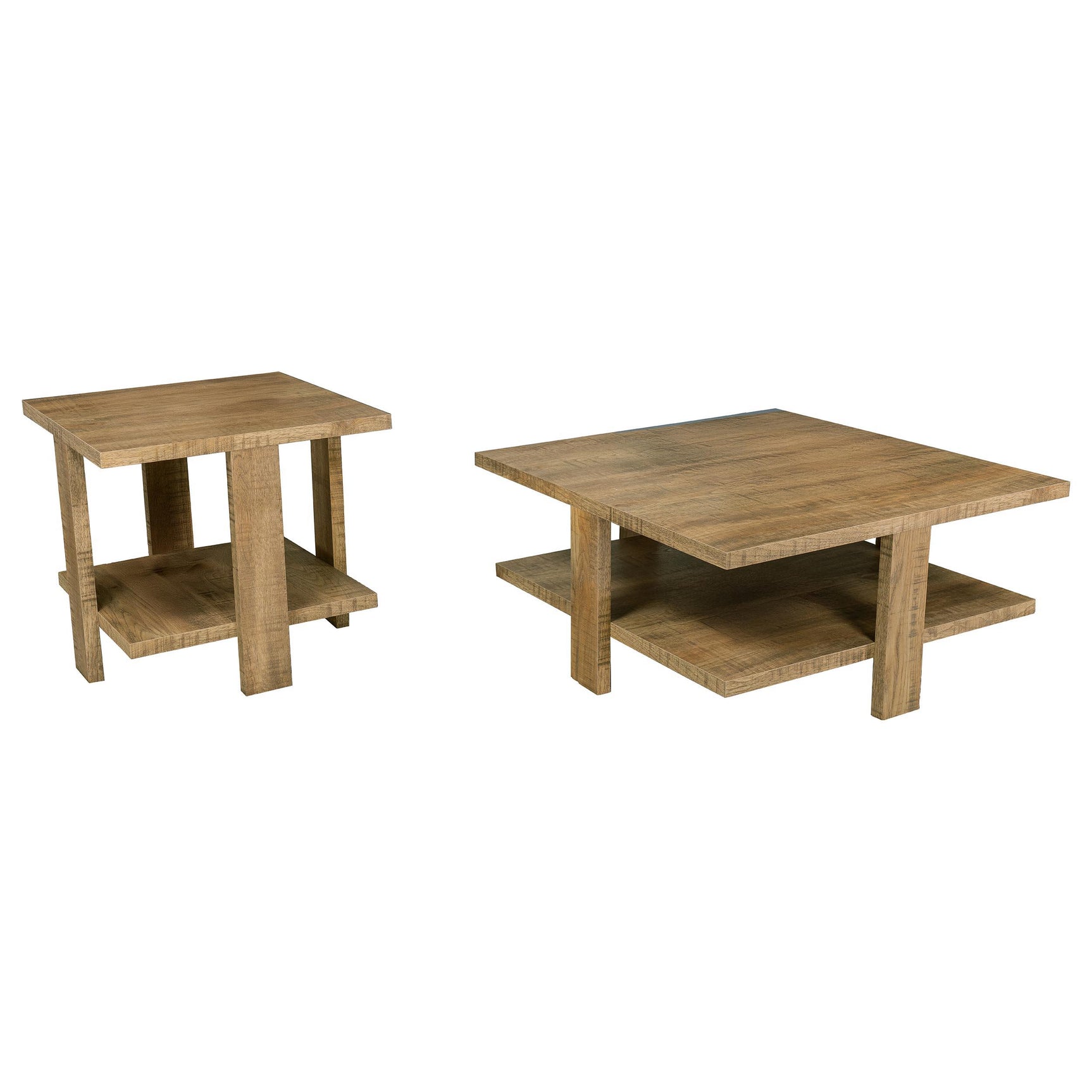 Dawn coffee table close-up showing rough sawn texture and wide legs
