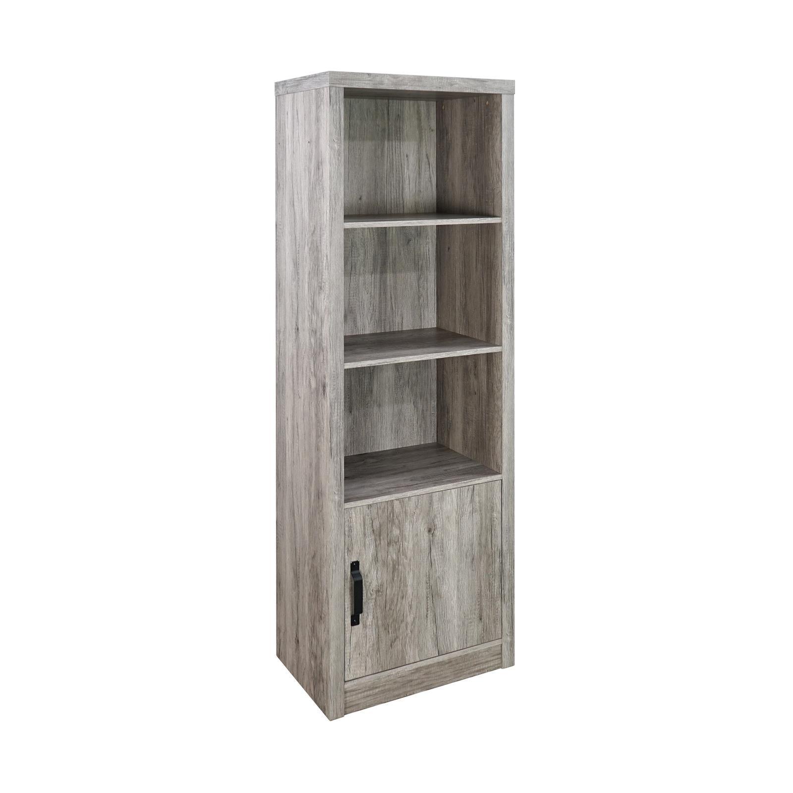 Burke Grey Driftwood Media Tower with shelves and cabinet front view