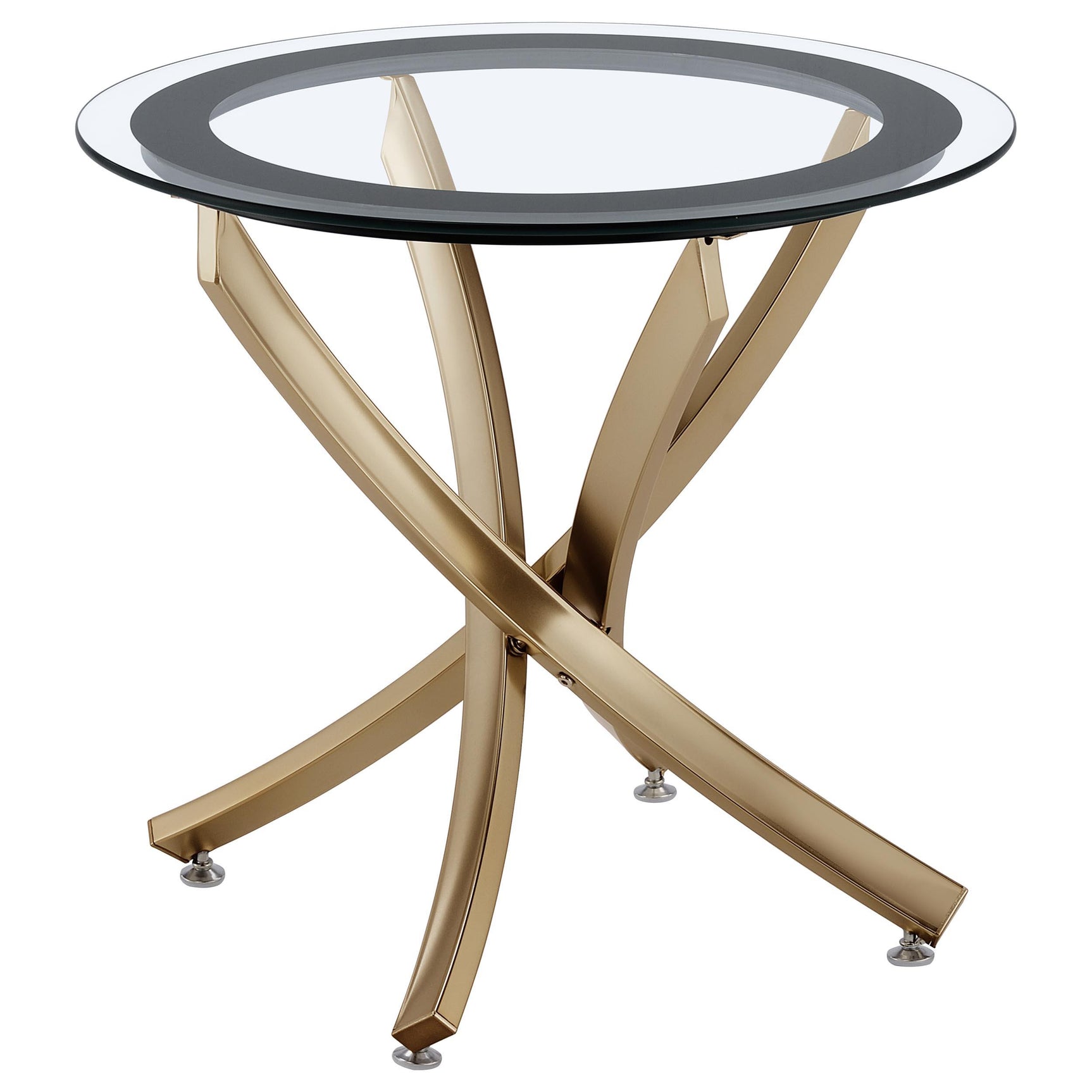 Side angle of Brooke end table highlighting curved rose brass metal base