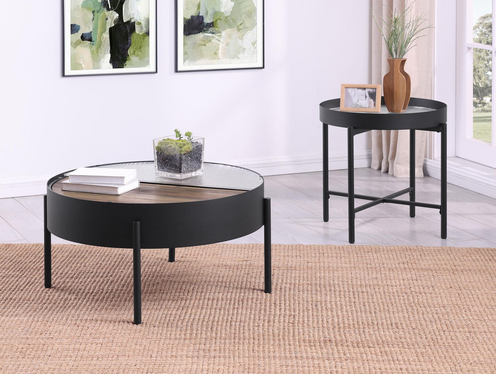 Ozella round end table with tempered reeded glass top, sandy black