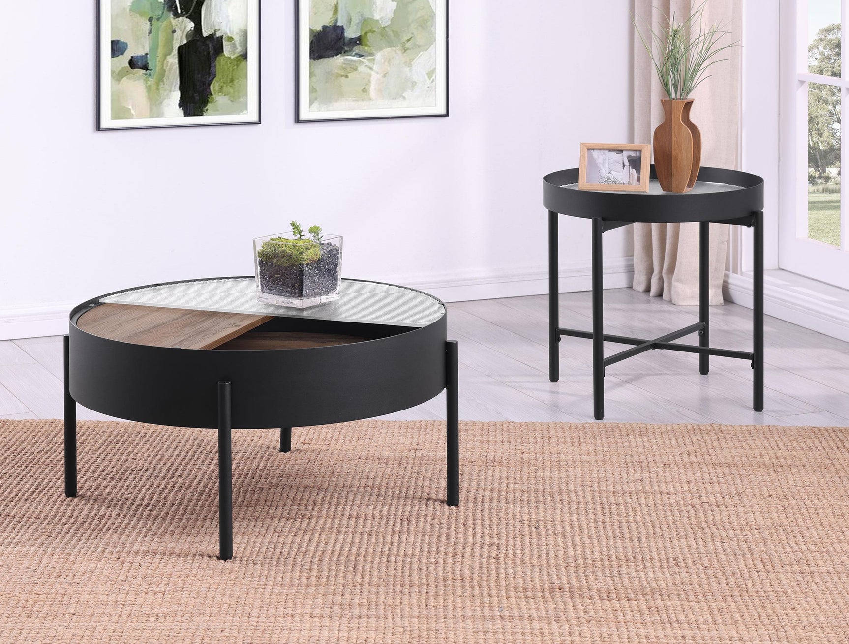 Side view of Ozella 2-piece round coffee and end table set showcasing metal frame