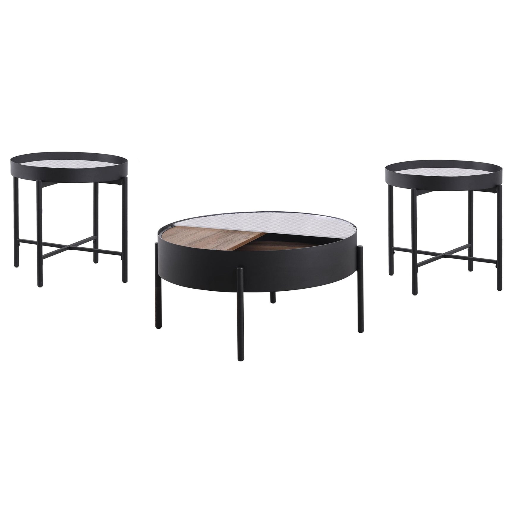 Round end table with reeded glass top and black metal frame, sandy black finish