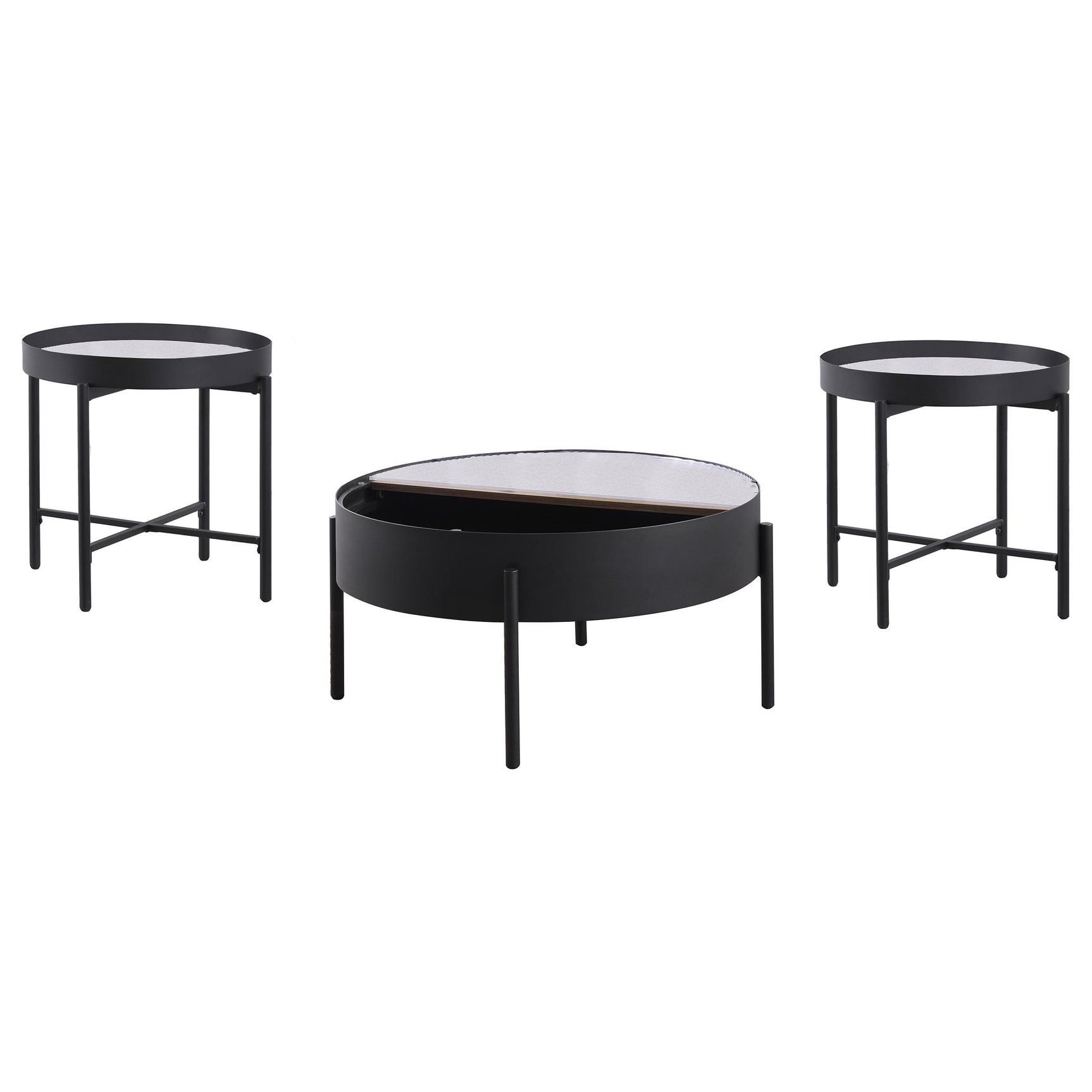Side view of Ozella coffee table showing hidden storage compartment