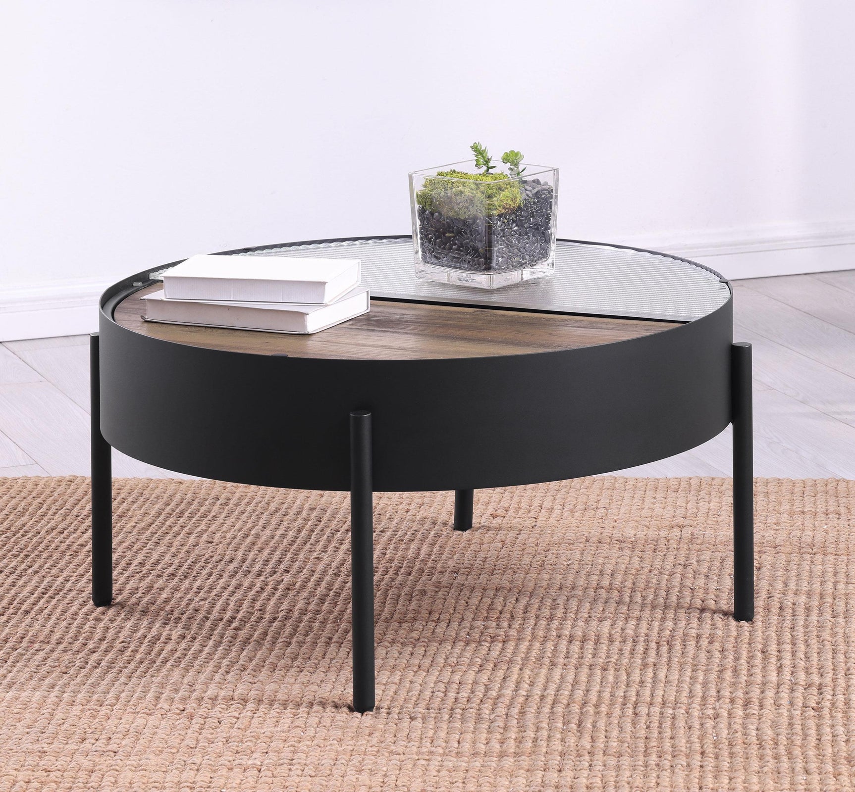 Ozella coffee table sliding wood top revealing hidden storage