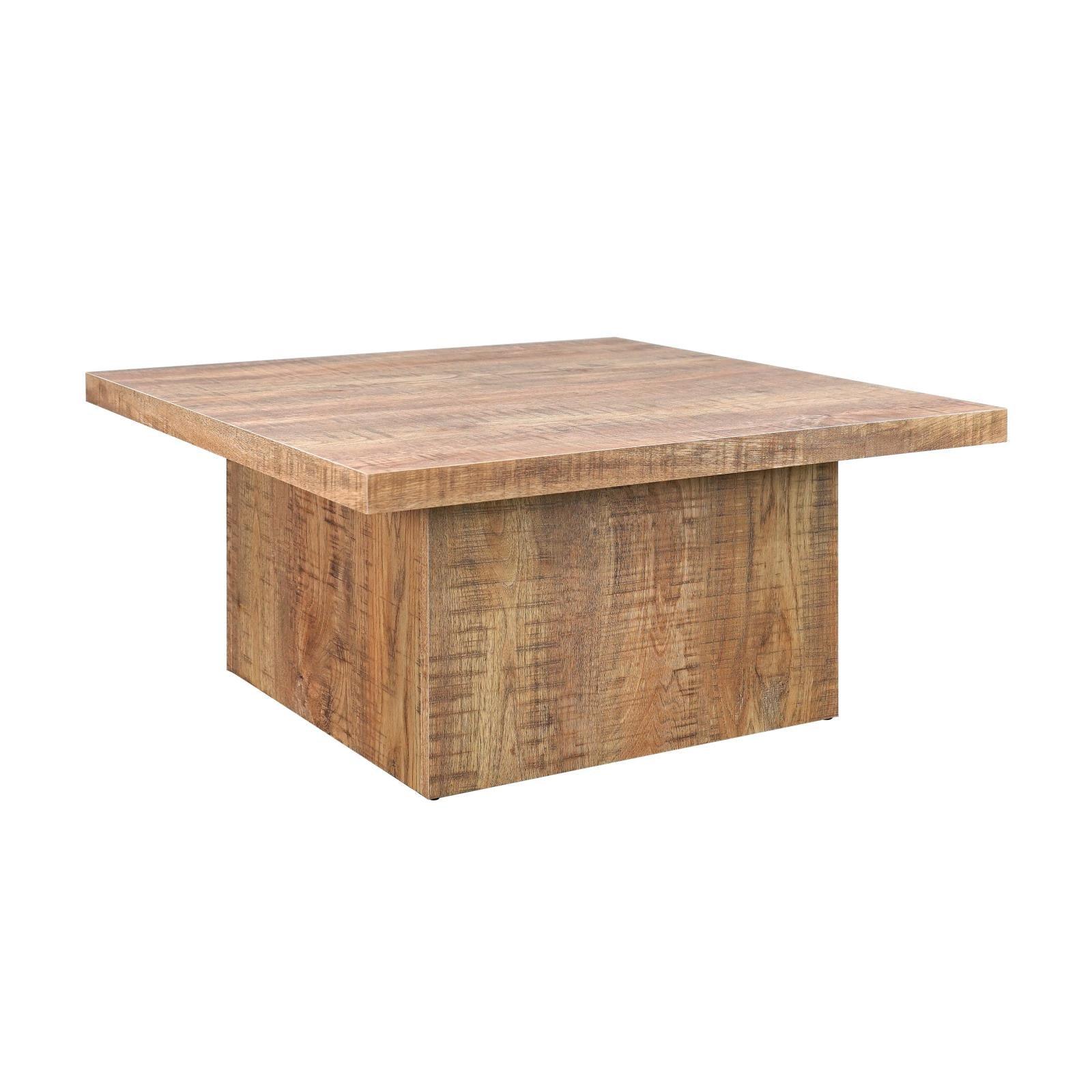 Devar square coffee table with mango wood finish, angled view
