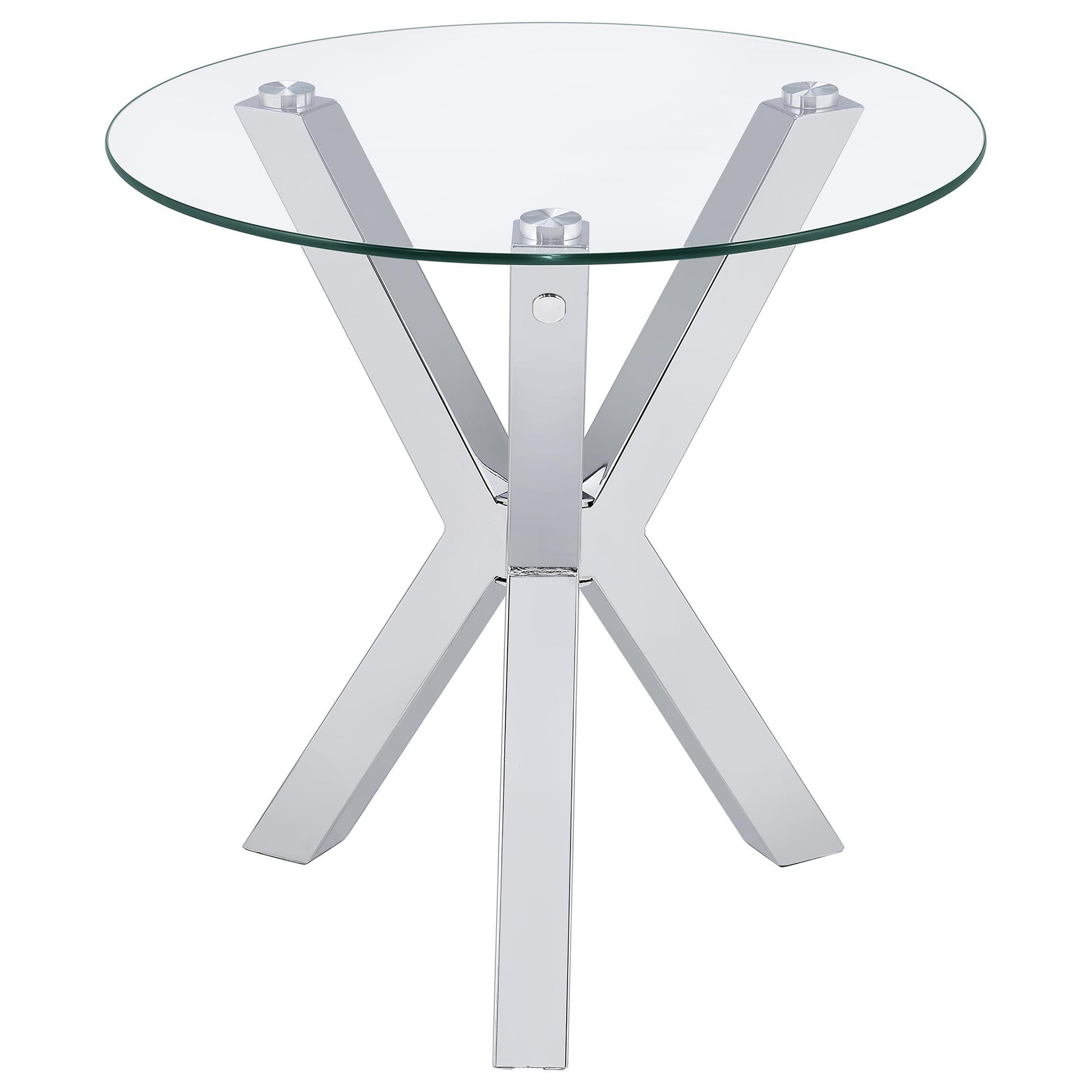 End tables with round glass tops and chrome frames arranged