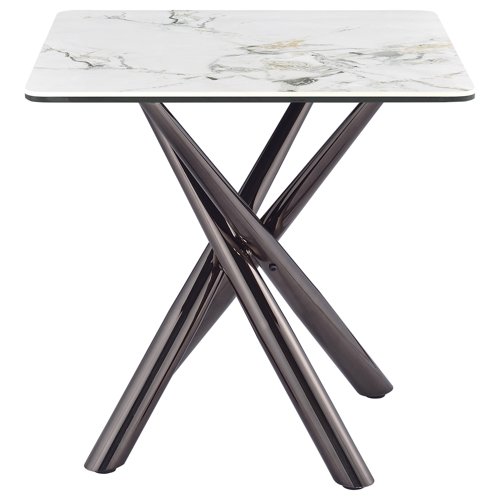 Side angle of Carvell Square End Side Table highlighting black nickel steel asterisk base