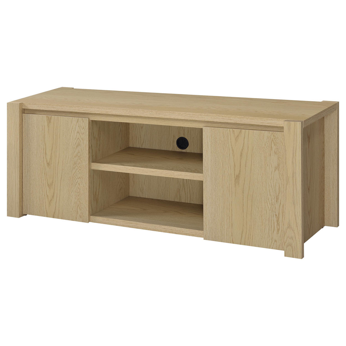 Laurelton 3-piece entertainment center in light oak centered, showing assembled TV stand and media towers