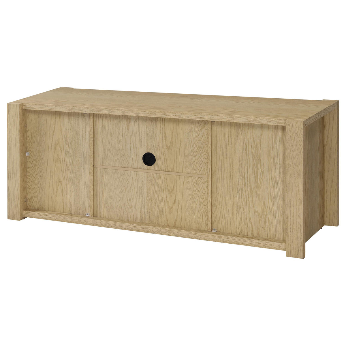 Laurelton 3-piece entertainment center in light oak centered, showing assembled TV stand and media towers
